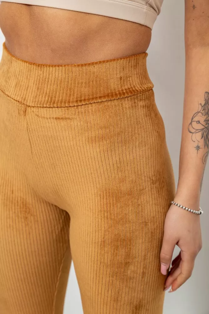 Купити Лосини жіночі велюрові однотонні в рубчик, колір коричневий, 214R333 - Фото №5