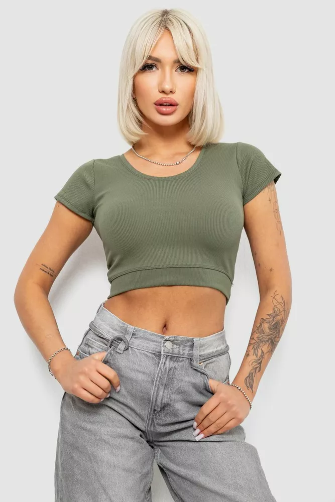 Купити Топ жіночий однотонний в рубчик, колір темно-оливковий, 214R262 оптом - Фото №1