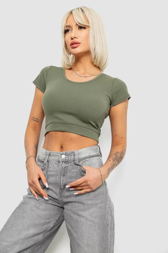 Купити Топ жіночий однотонний в рубчик, колір темно-оливковий, 214R262 оптом - Фото №3