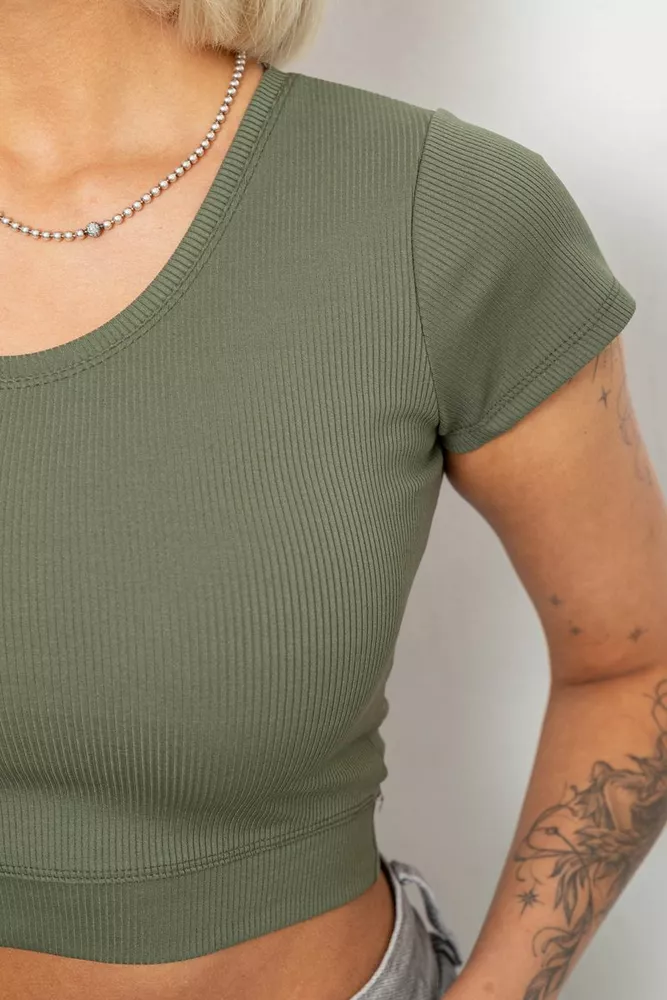 Купити Топ жіночий однотонний в рубчик, колір темно-оливковий, 214R262 оптом - Фото №5
