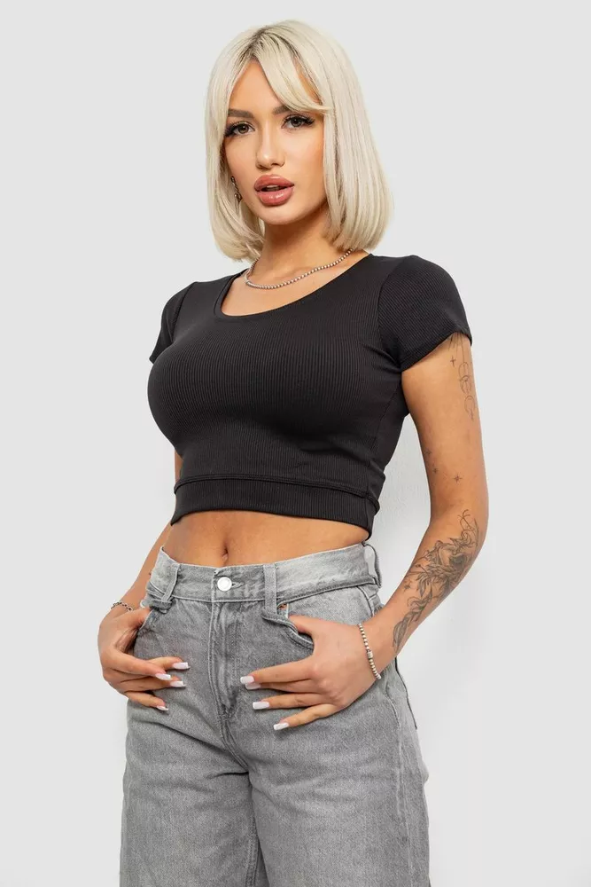 Купити Топ жіночий однотонний в рубчик, колір чорний, 214R262 оптом - Фото №3