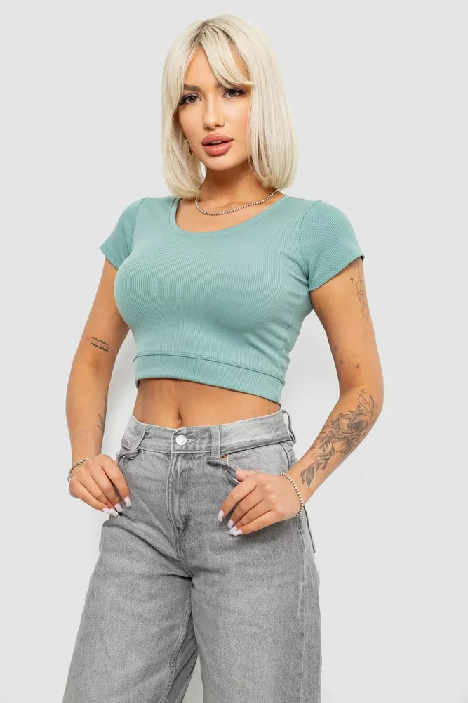 Купити Топ жіночий однотонний в рубчик, колір світло-оливковий, 214R262 оптом - Фото №3