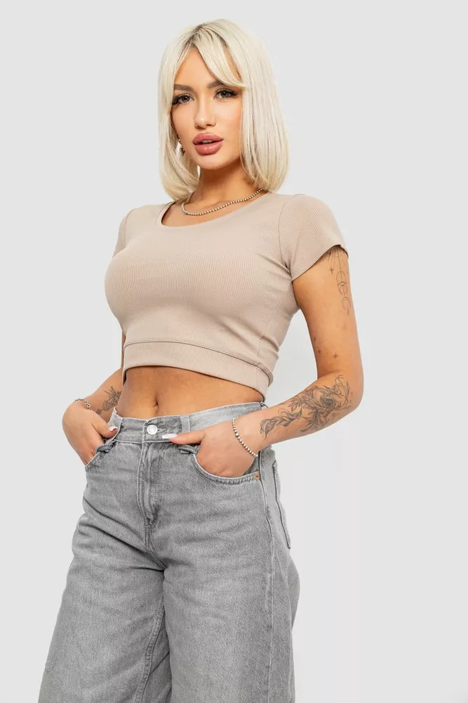 Купить Топ женский однотонный в рубчик, цвет бежевый, 214R262 - Фото №3