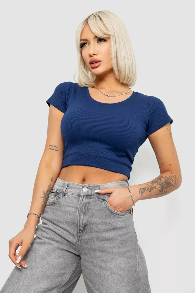 Купити Топ жіночий однотонний в рубчик, колір синій, 214R262 оптом - Фото №3