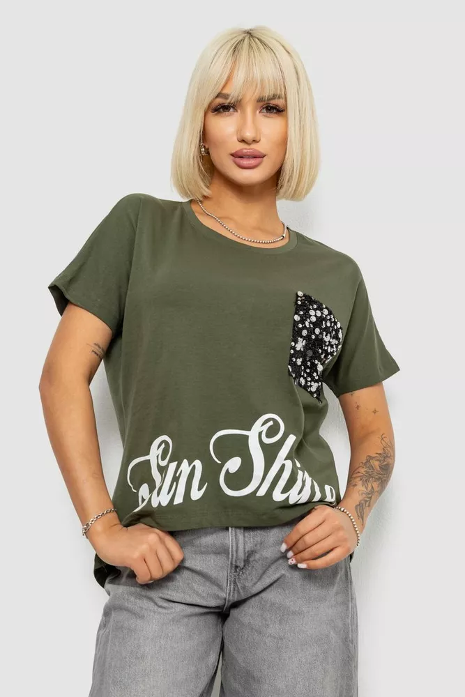 Купить Футболка женская с принтом, цвет хаки, 244R2057 - Фото №1