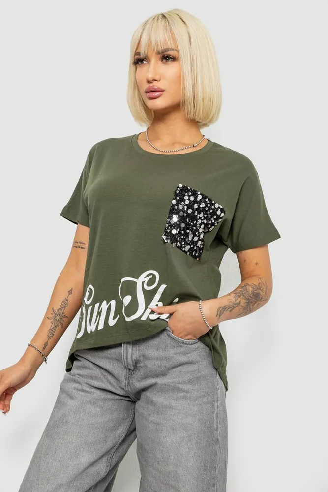 Купить Футболка женская с принтом, цвет хаки, 244R2057 - Фото №3