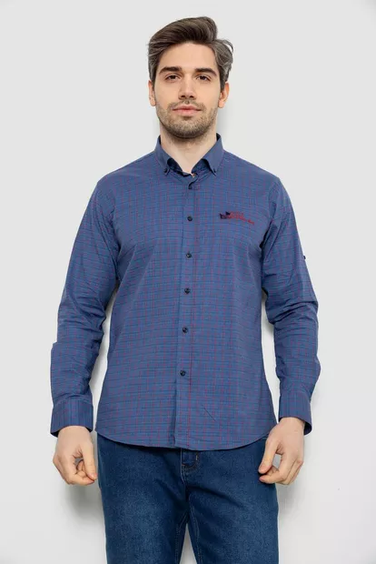 Рубашка мужская в клетку c принтом, цвет джинс, 186RM04