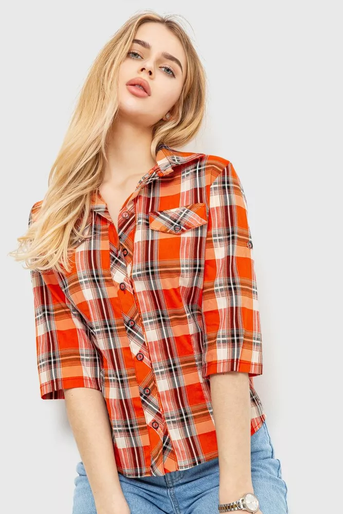 Купити Сорочка жіноча в клітку, колір оранжево-сірий, 230R063 оптом - Фото №2