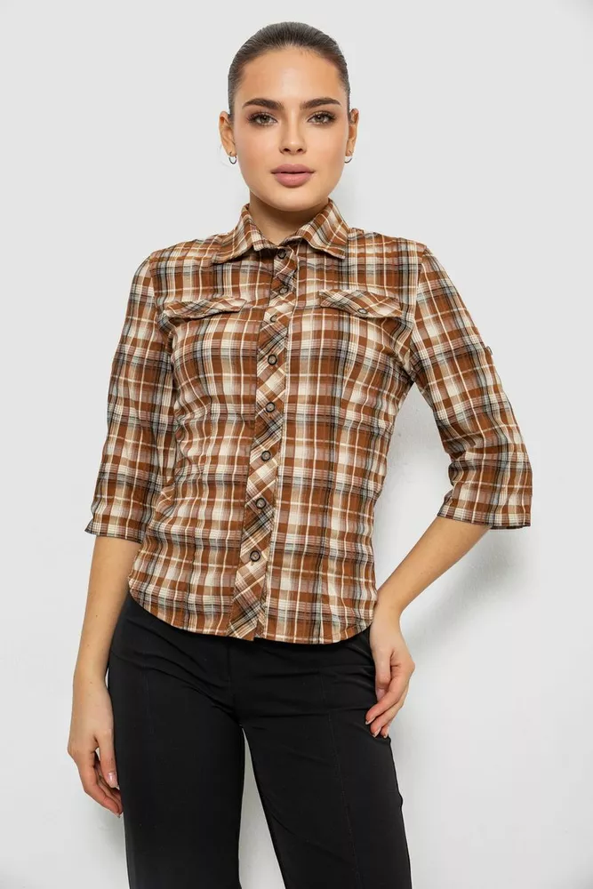 Купить Рубашка женская в клетку, цвет коричневый, 230R063 - Фото №1