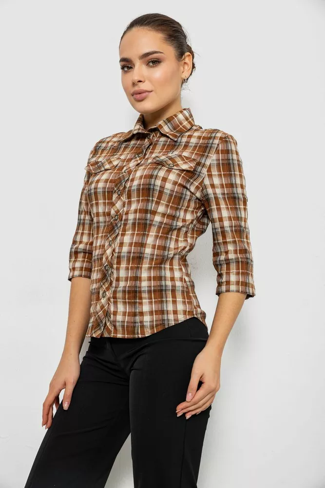 Купить Рубашка женская в клетку, цвет коричневый, 230R063 - Фото №3