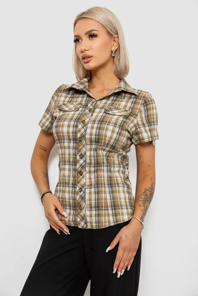 Купити Сорочка жіноча в клітку, колір бежевий, 230R065-5 оптом - Фото №3