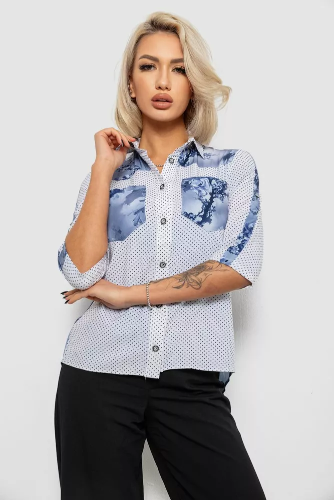 Купить Блуза в горошек с принтом, цвет бело-синий, 230R7215-1 - Фото №1