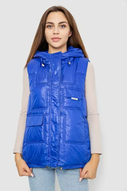 Жилет женский однотонный с капюшоном  -уценка, цвет синий, 244R810-U-1