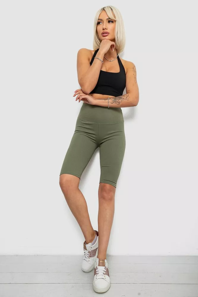 Купить Велотреки женские однотонные в рубчик, цвет темно-оливковый, 214R264 - Фото №2