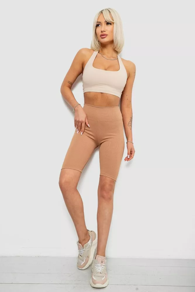 Купить Велотреки женские однотонные в рубчик, цвет темно-бежевый, 214R264 - Фото №2