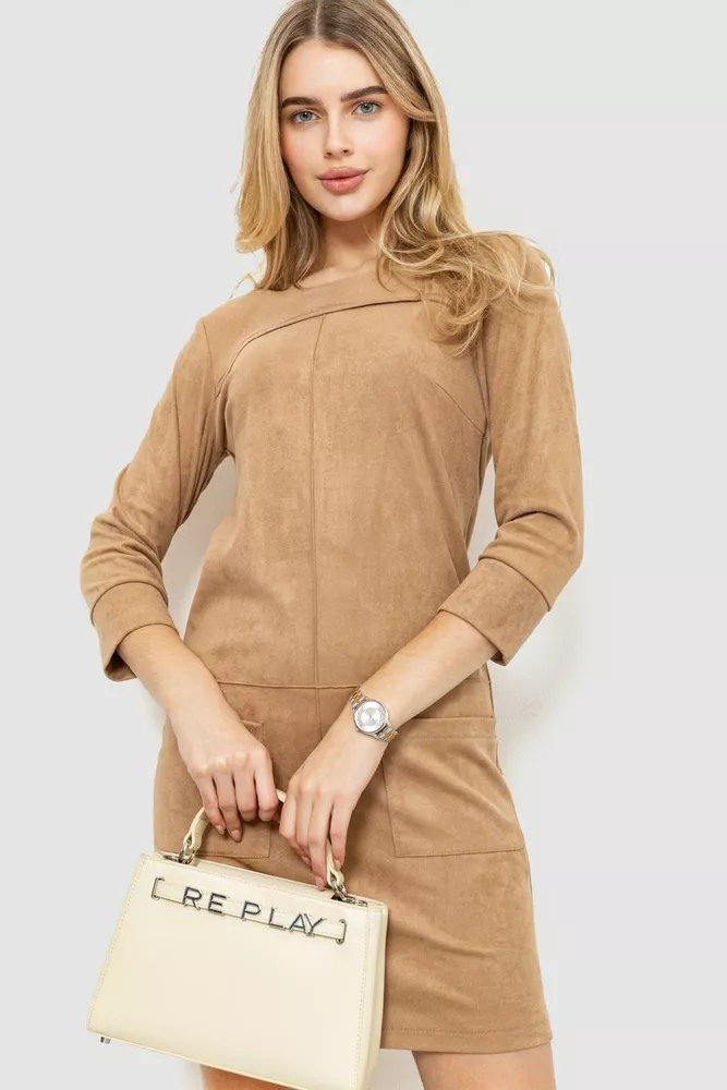 Купить Платье замша прямого кроя  -уценка, цвет бежевый, 230R58-U-3 - Фото №1