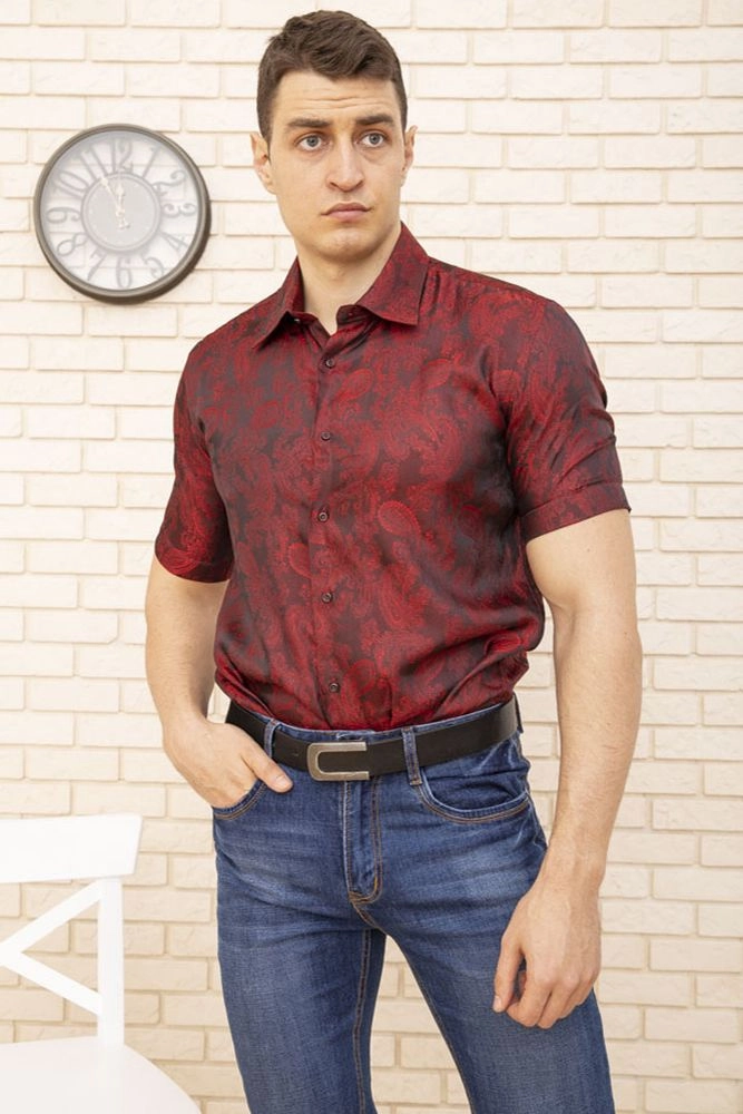 Купить Бордовая мужская рубашка с принтом вензеля 113RPass005 - Фото №1