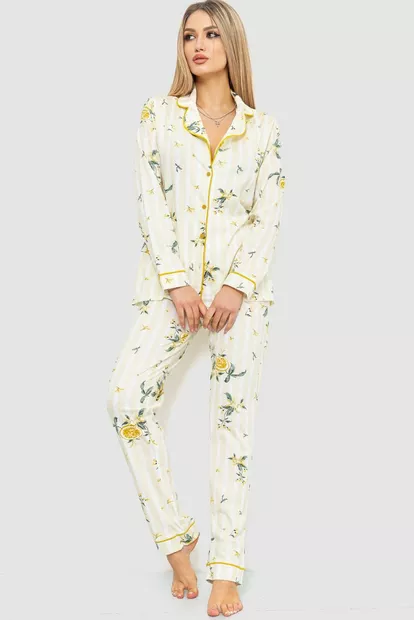 Жіноча піжама з принтом, колір бежево-гірчичний, 219RP-10091