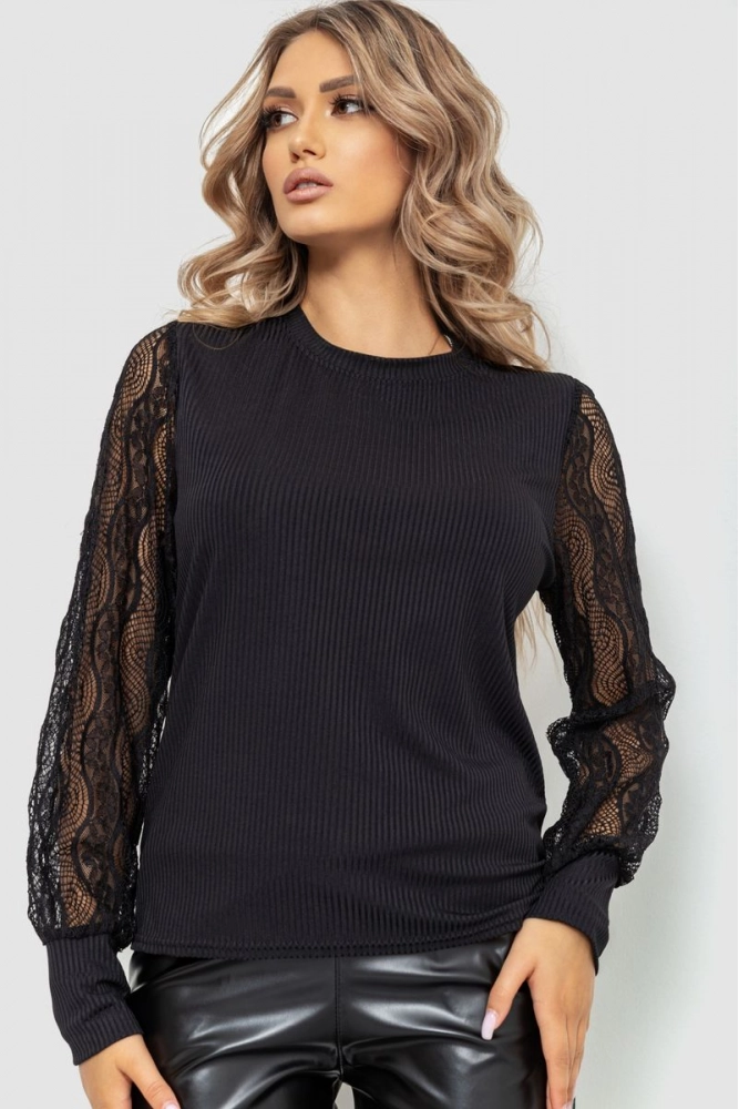Купити Блуза жіноча в рубчик, колір чорний, 204R07 - Фото №1