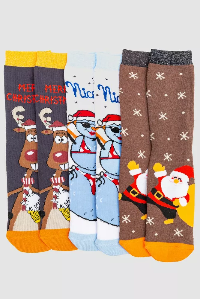 Купити Комплект жіночих шкарпеток новорічних 3 пари, колір темно-сірий, білий, коричневий, 151R262 оптом - Фото №1