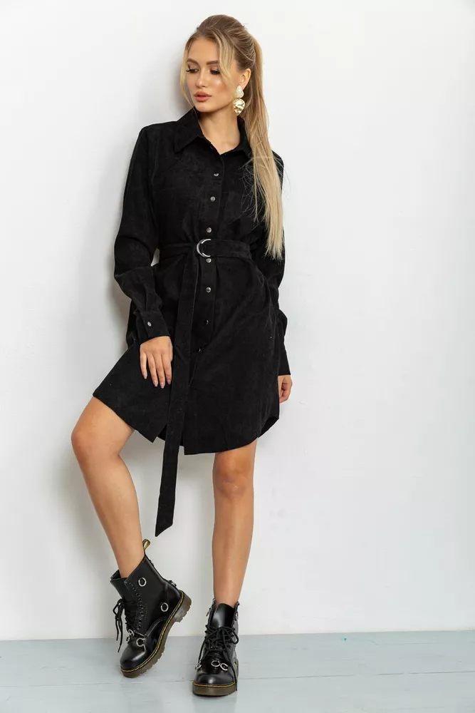Купити Вельветова сукня-сорочка з поясом чорного кольору 102R5135 - Фото №1