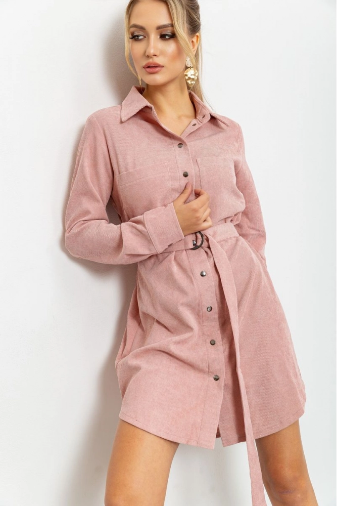 Купити Вельветова сукня-сорочка з поясом пудрового кольору 102R5135 - Фото №1