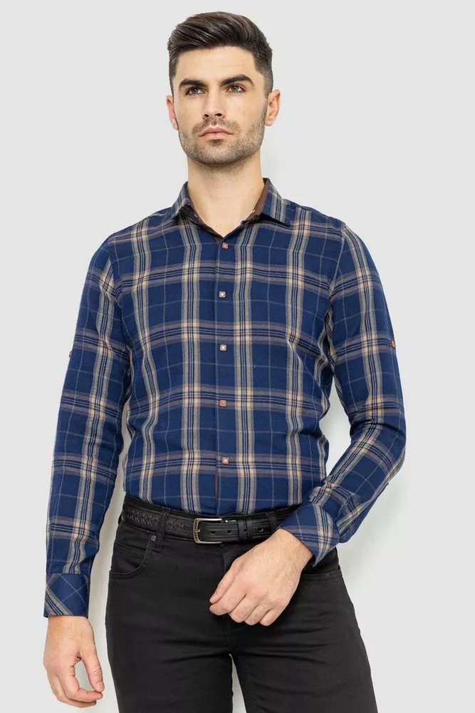 Купить Рубашка мужская в клетку байковая, цвет сине-бежевый, 214R103-35-179 оптом - Фото №1