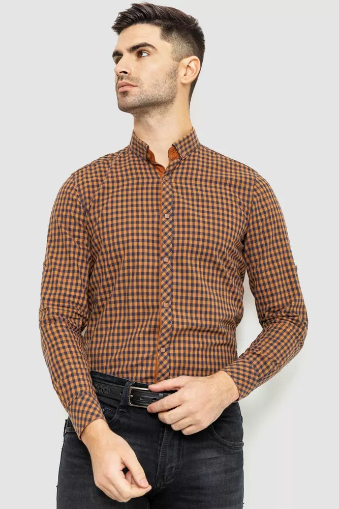 Купить Рубашка мужская в клетку, цвет коричнево-синий, 214R55-65 оптом - Фото №1