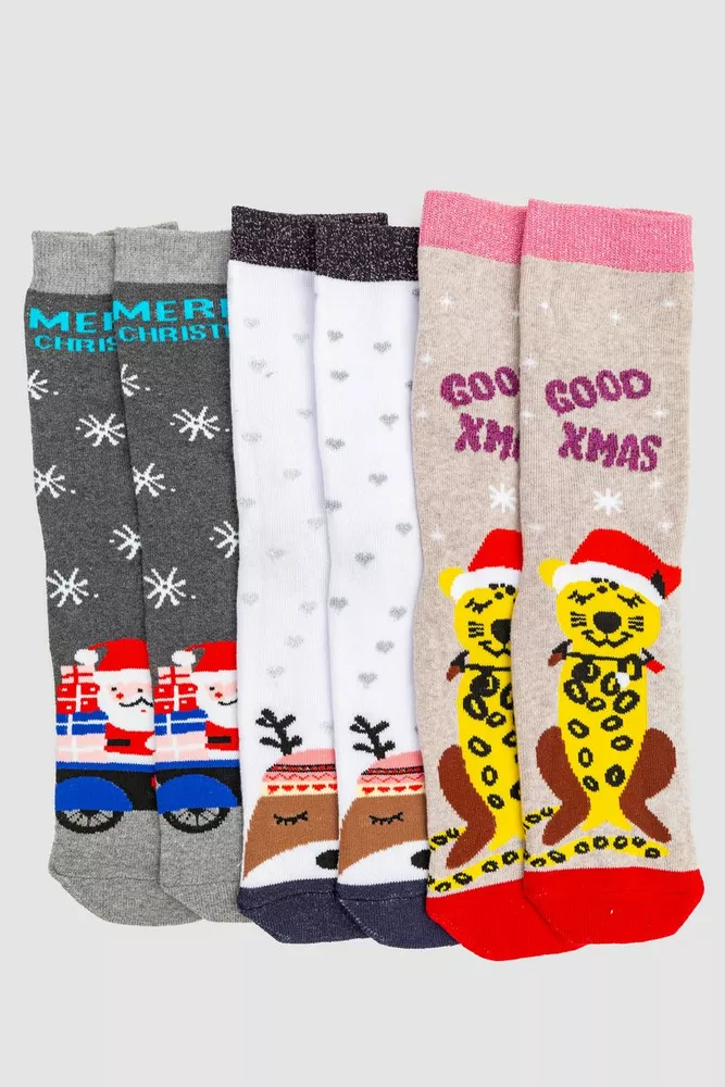 Купити Комплект жіночих шкарпеток новорічних 3 пари, колір бежевий, білий, сірий, 151R265 оптом - Фото №1