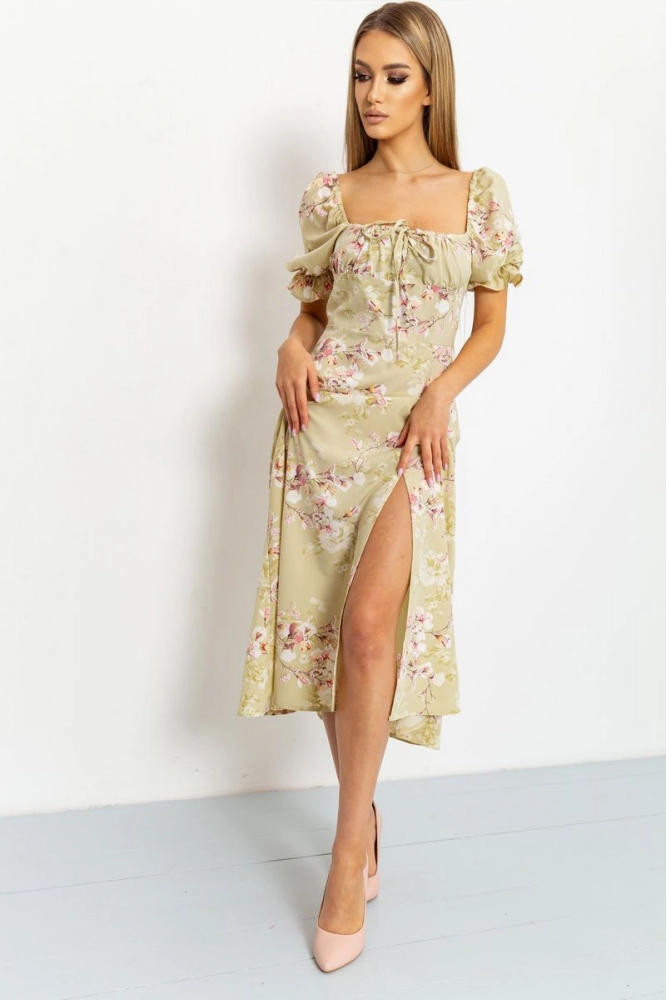 Купить Платье с цветочным принтом, цвет светло-оливковый, 176R1033 - Фото №1