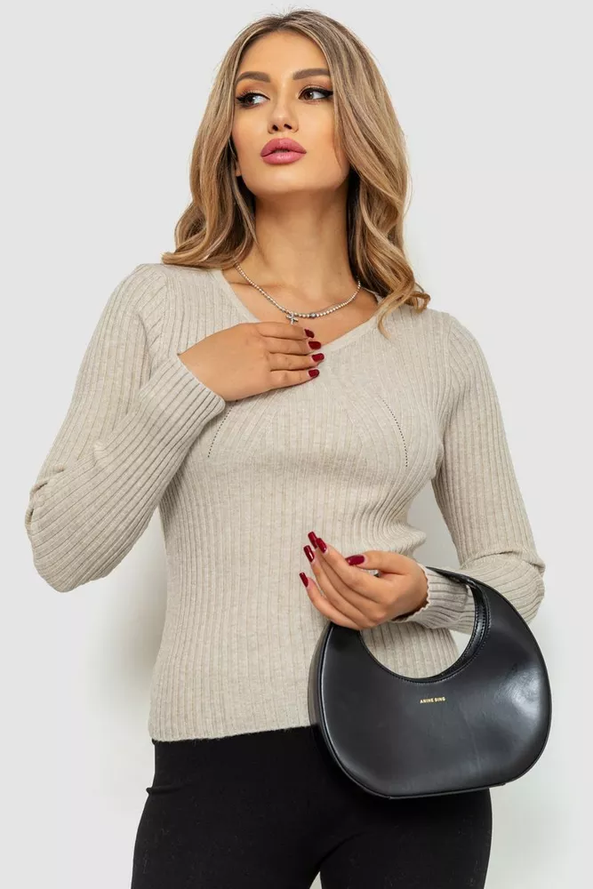 Купити Кофта жіноча в рубчик однотонна, колір сіро-бежевий, 221R223 - Фото №1