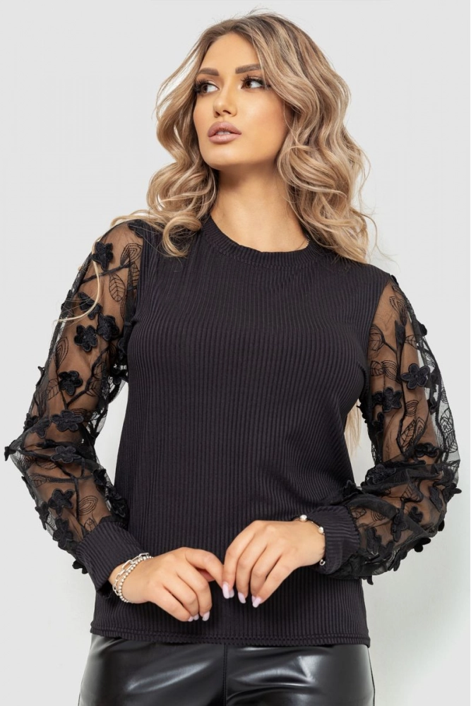 Купити Блуза жіноча в рубчик, колір чорний, 204R01 оптом - Фото №1