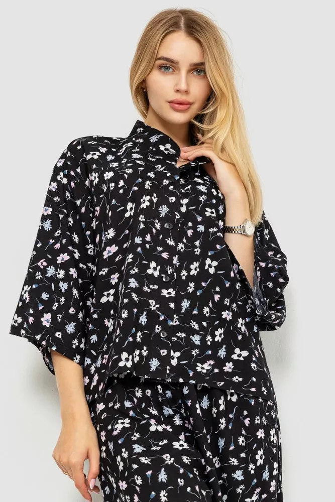 Купить Блуза классическая с цветочным принтом, цвет черный, 102R332-1 - Фото №1