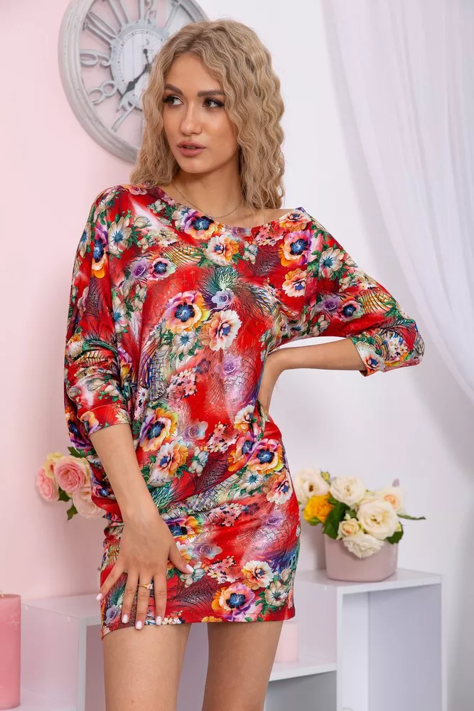 Купити Міні-сукня в квітковий принт, червоного кольору, 167R105-10 оптом - Фото №1