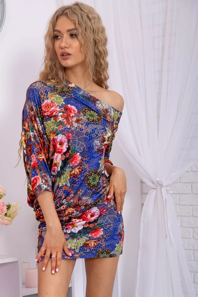 Купити Міні-сукня в квітковий принт, синього кольору, 167R105-10 оптом - Фото №1
