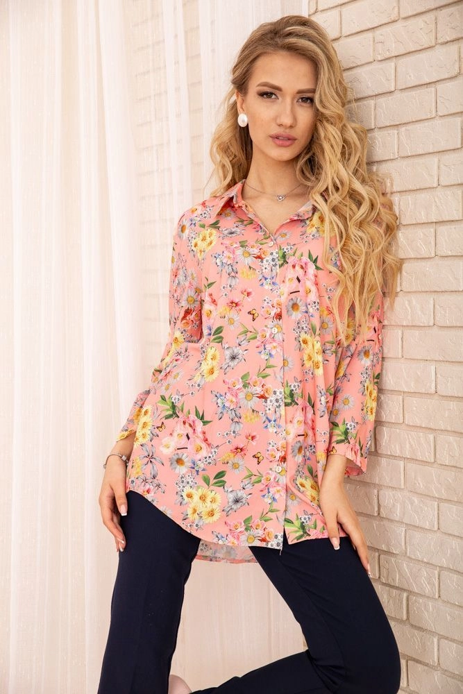 Купить Женская рубашка из вискозы с цветочным принтом Персиковая 172R26-1 - Фото №1