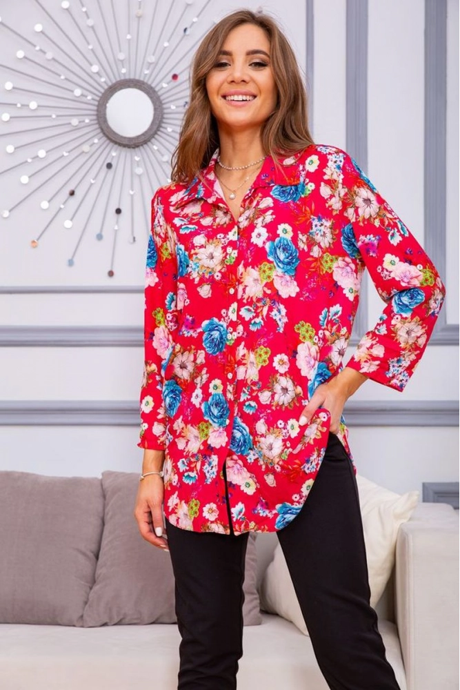 Купить Женская рубашка из вискозы с цветочным принтом Малиновая 172R26-1 оптом - Фото №1
