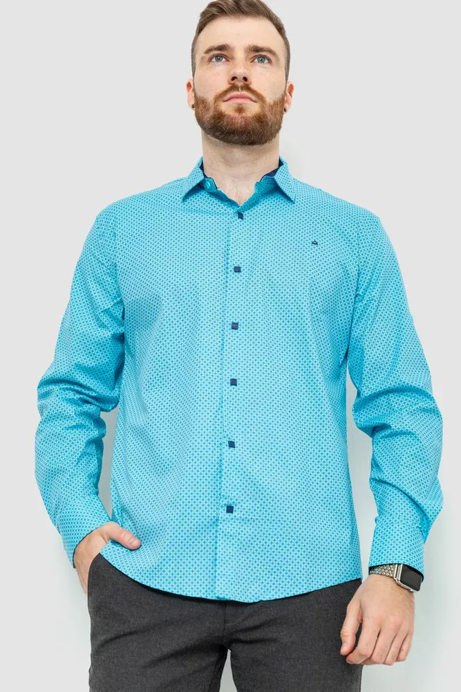 Купити Сорочка чоловіча класична з принтом, колір бірюзово-синій, 214R7400 - Фото №1