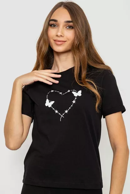 Жіноча футболка з принтом, колір чорний, 241R125