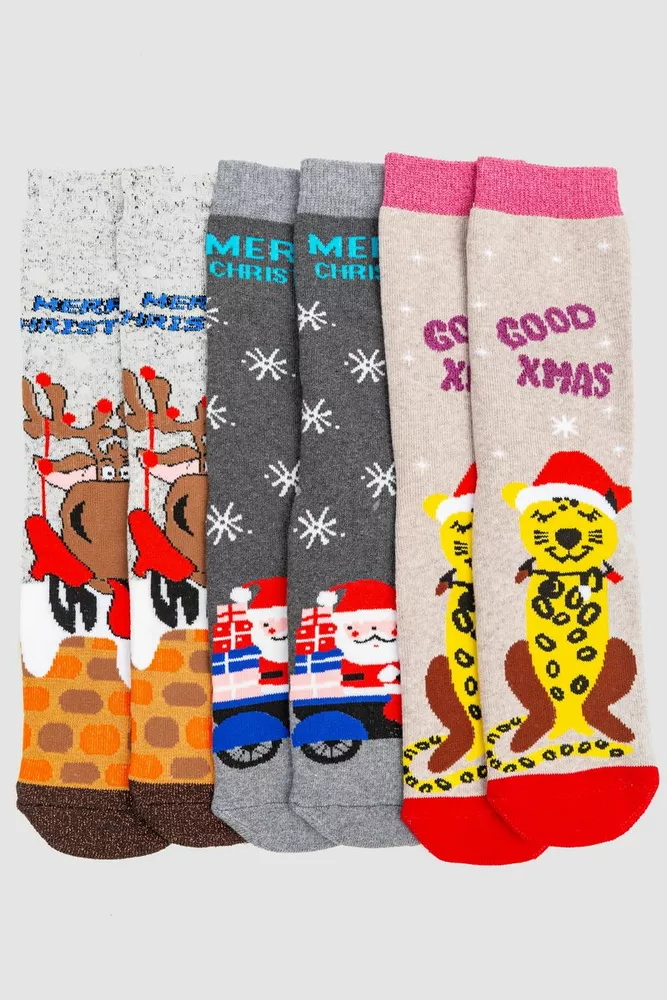 Купити Комплект жіночих шкарпеток новорічних 3 пари, колір бежевий, темно-сірий, світло-сірий, 151R255 оптом - Фото №1