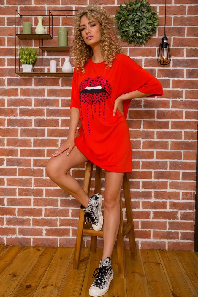 Купити Подовжена жіноча футболка, з принтом, колір Кораловий, 117R1021-1 - Фото №1