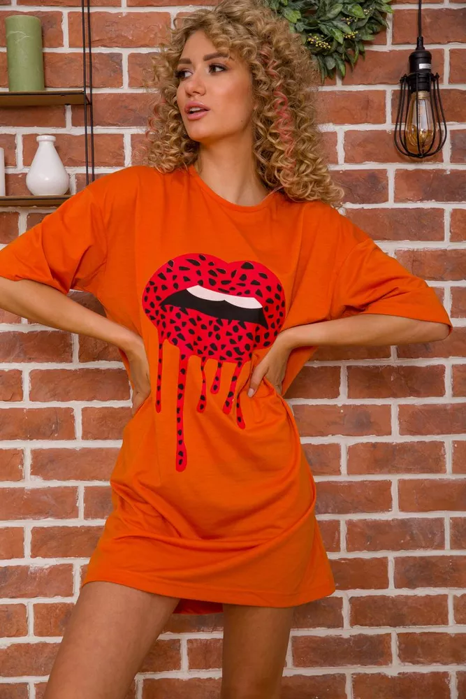 Купить Удлиненная женская футболка, с принтом, цвет Терракотовый, 117R1021-1 оптом - Фото №1