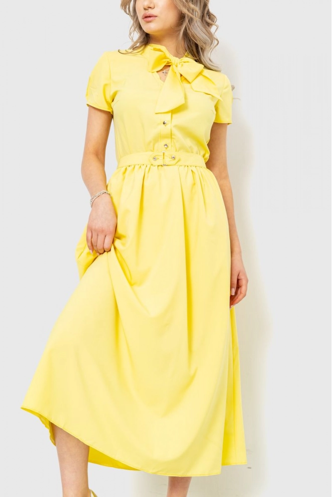 Купити Сукня однотонна з поясом, колір жовтий, 230R027-2 - Фото №1