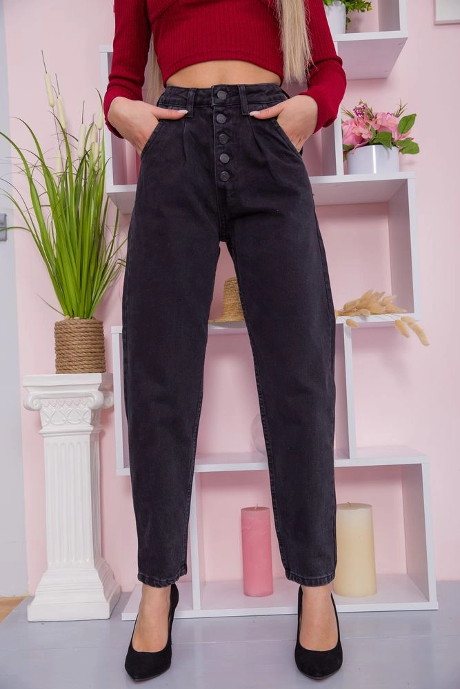 Купити Жіночі джинси балони на ґудзиках чорного кольору 123R2156 - Фото №1