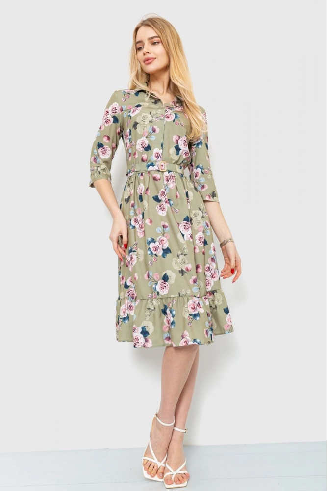 Купить Платье с цветочным принтом  -уценка, цвет оливковый, 230R040-1-U - Фото №1