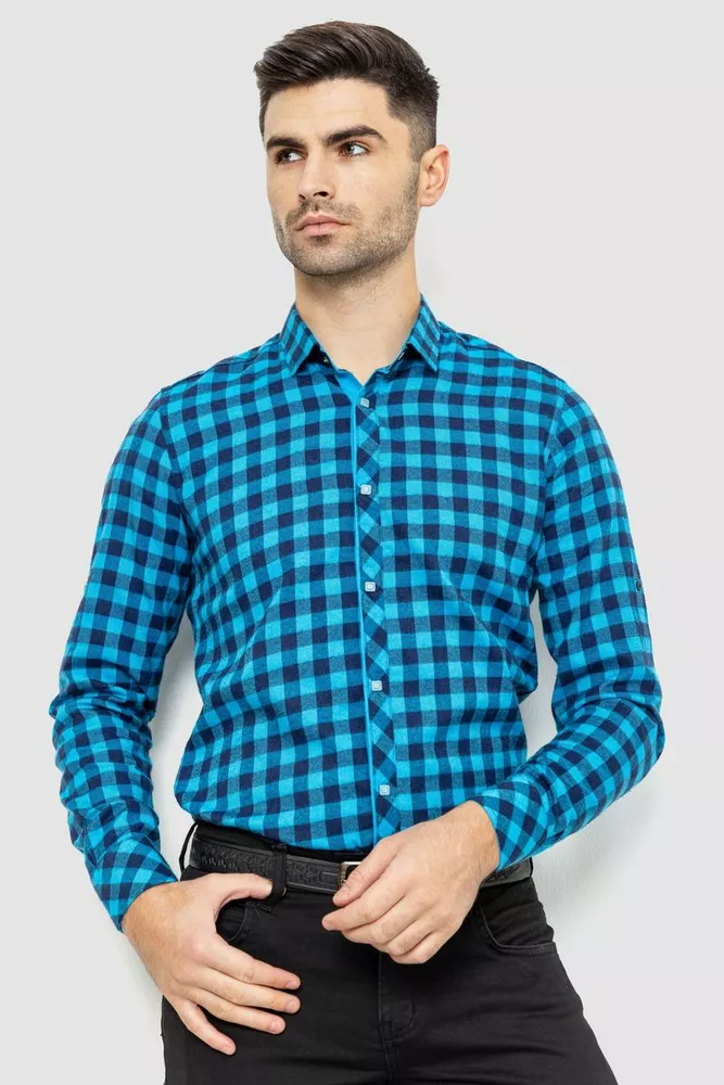 Купить Рубашка мужская в клетку байковая, цвет сине-голубой, 214R15-31-002 - Фото №1