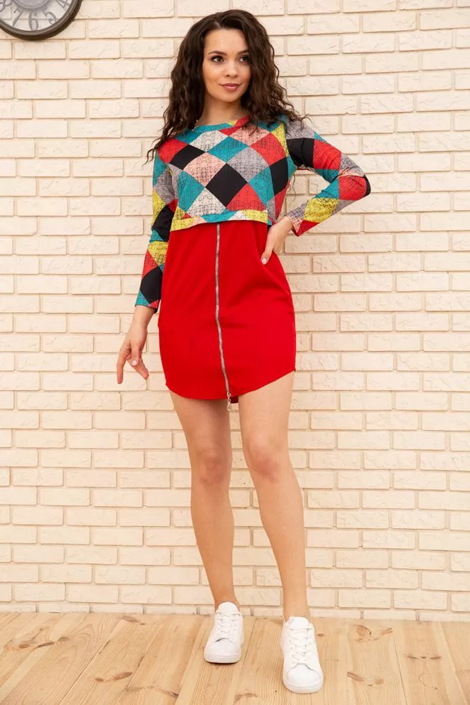 Купити Сукня міні з геометричним принтом, колір Червоний, 167R1805 - Фото №1