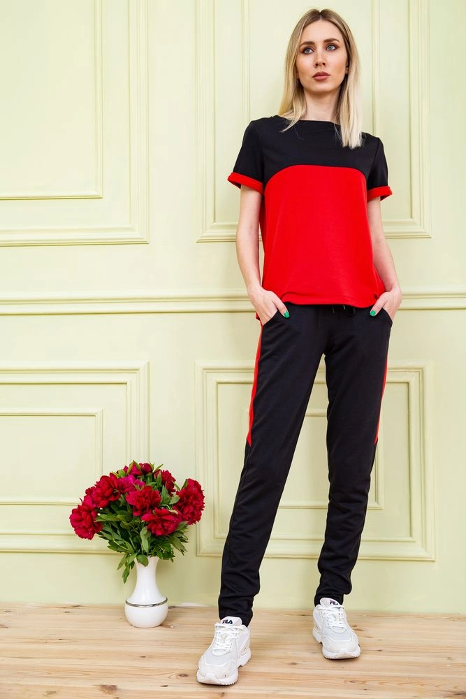 Купити Костюм жіночий двохнитка футболка і штани Чорно-червоного кольору 102R184 - Фото №1