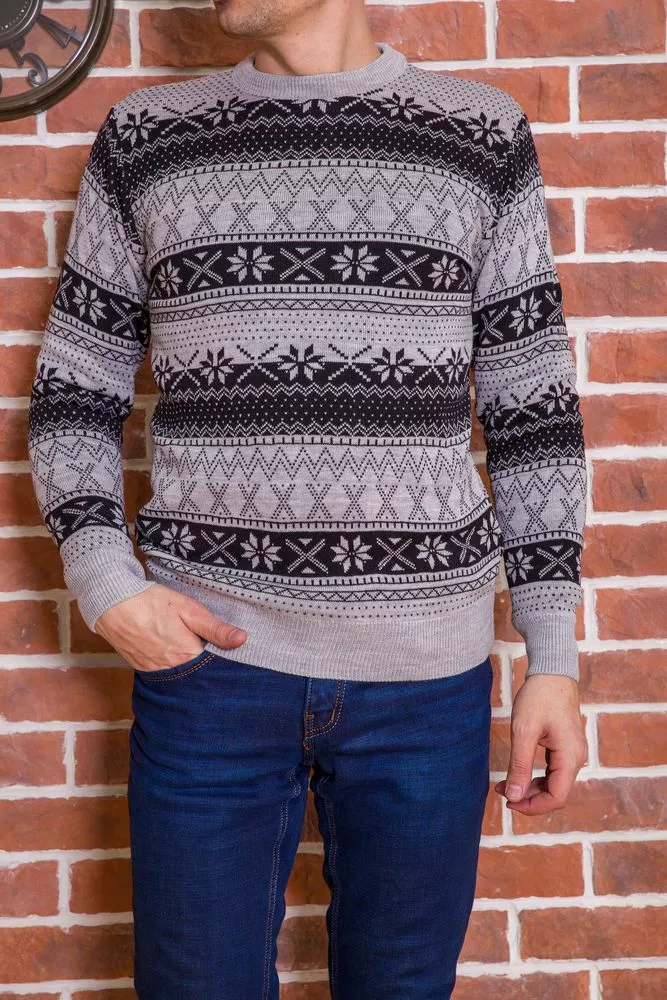 Купити Чоловічий светр з новорічним принтом, сіро-чорний, 161R776 - Фото №1