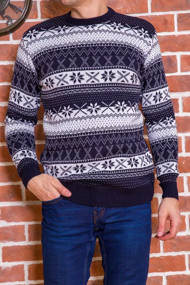 Купити Чоловічий светр з новорічним принтом, темно-синій, 161R776 оптом - Фото №1